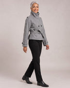 Funnel-Neck Belted Double-Breasted Jacket worn by a model, side view
