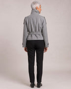 Funnel-Neck Belted Double-Breasted Jacket worn by a model, back view
