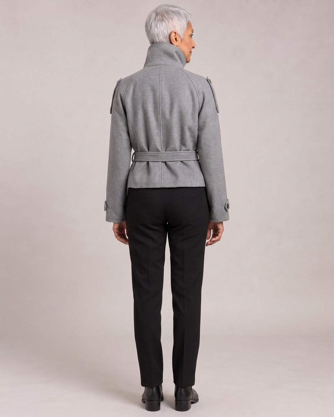 Funnel-Neck Belted Double-Breasted Jacket worn by a model, back view