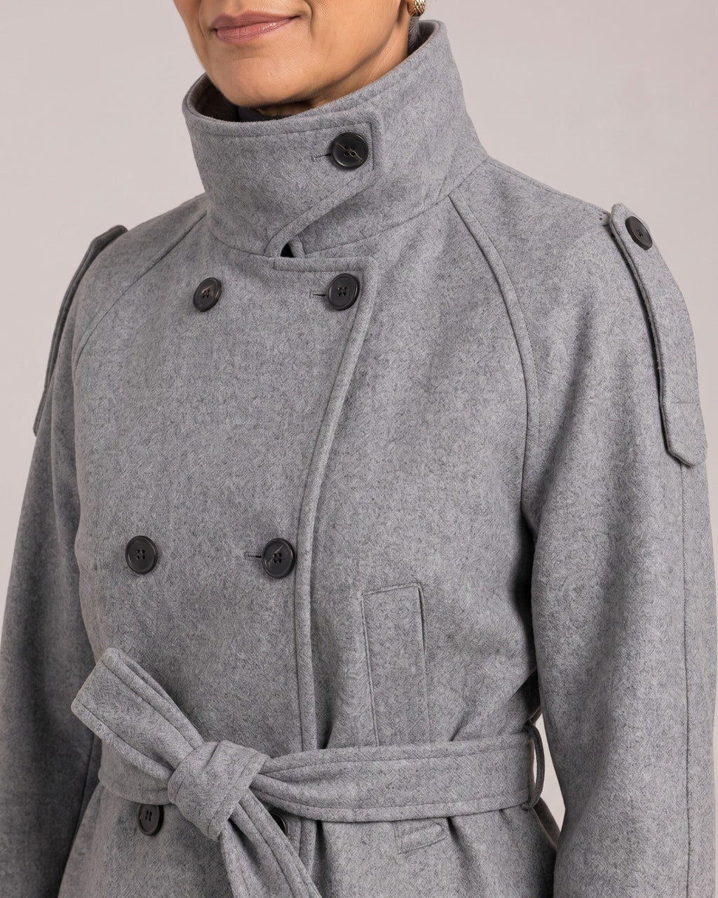 Funnel-Neck Belted Double-Breasted Jacket close-up detail