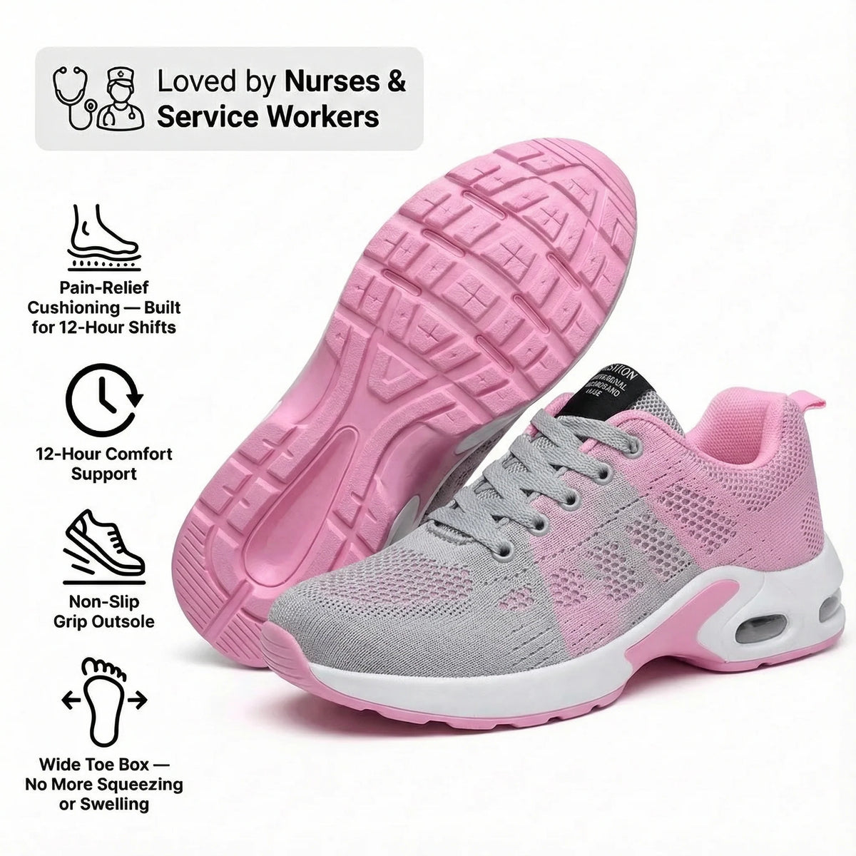 White Orthoshift pain relief shoes – cushioned non-slip work shoes for nurses, orthopaedic comfort shoes for standing all day