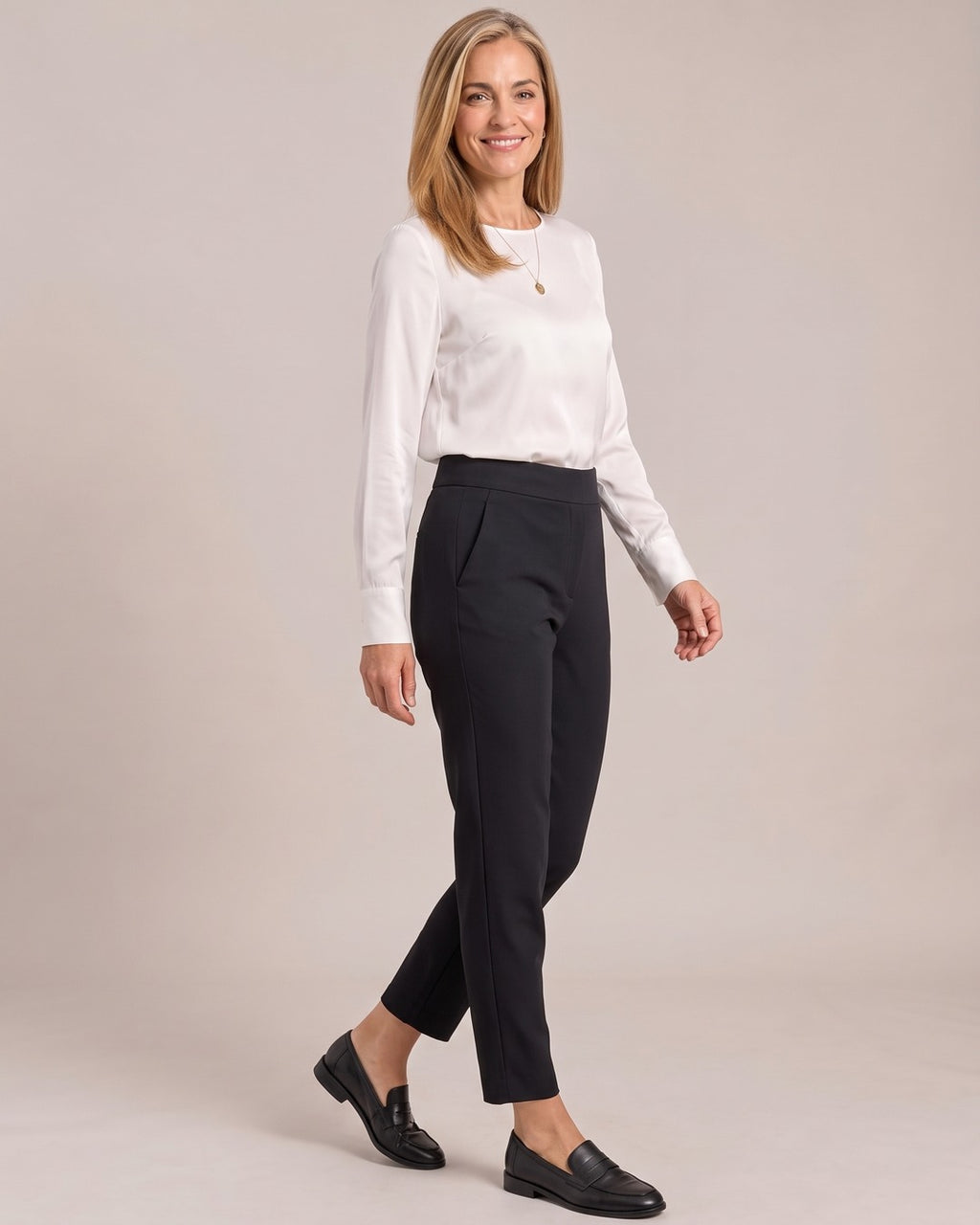 High-Waist Zip-Pocket Ankle Trousers worn by a model, side view