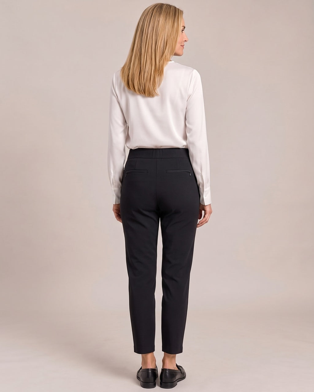 High-Waist Zip-Pocket Ankle Trousers worn by a model, back view