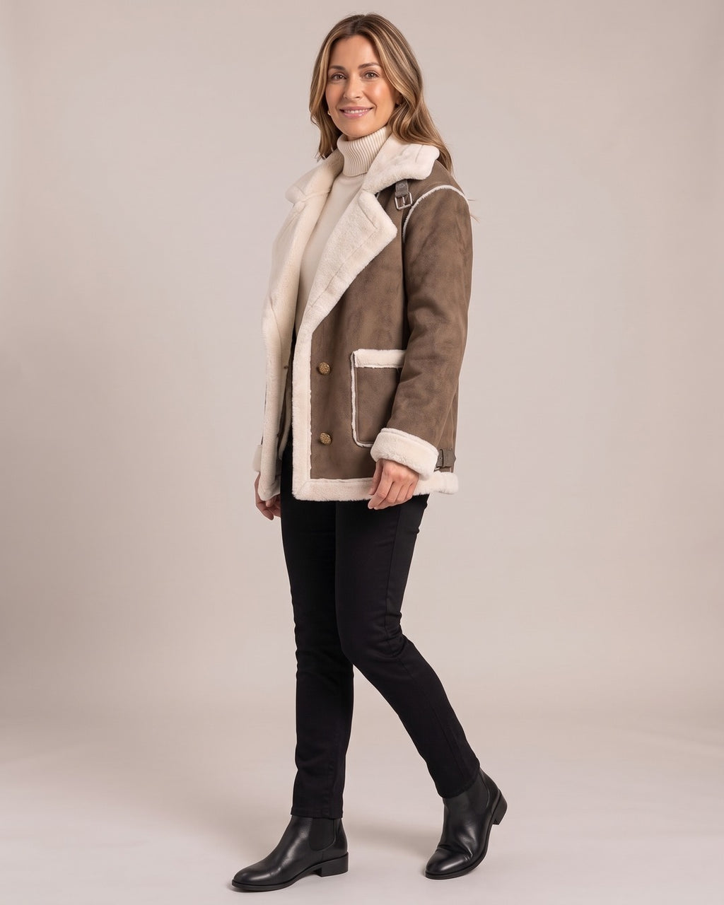 Aviator Jacket worn by a model, side view, Brown