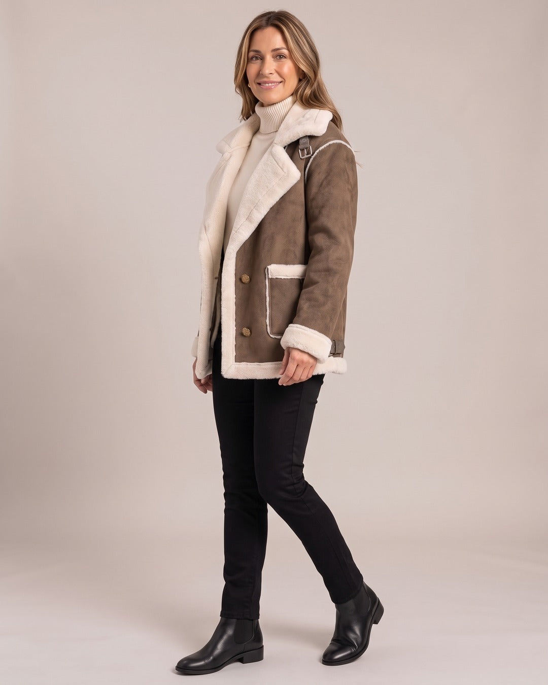 Aviator Jacket worn by a model, side view, Brown