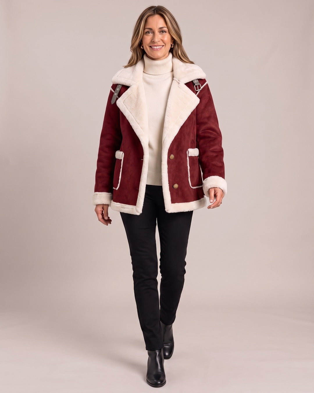 Aviator Jacket worn by a model, Dark Red