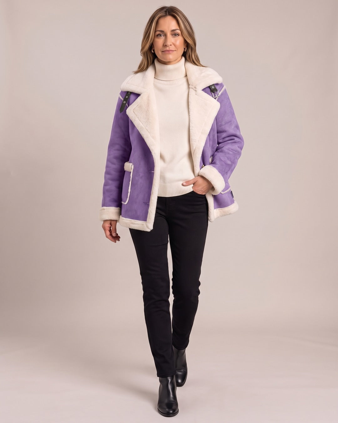 Aviator Jacket worn by a model, Dark Violet