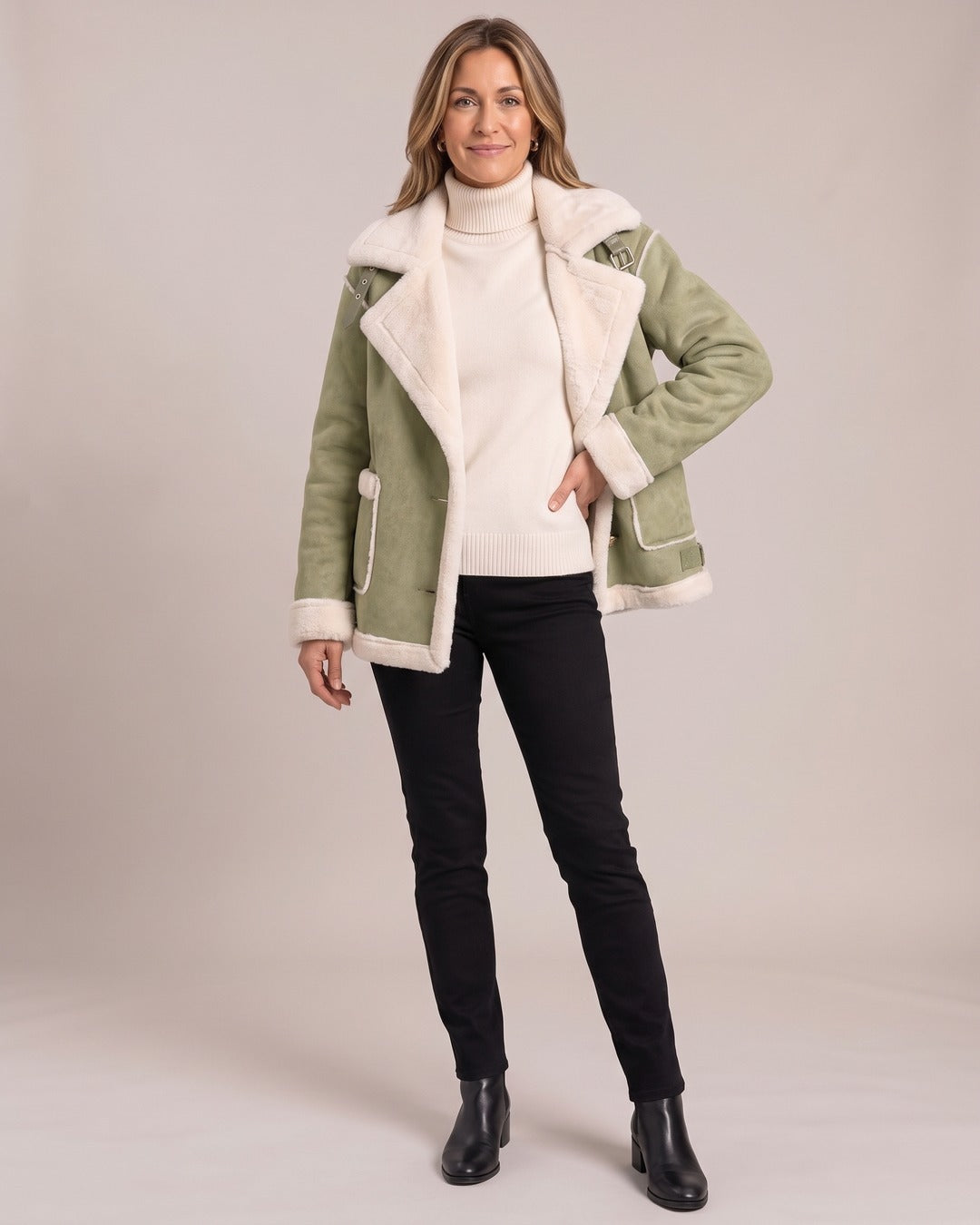 Aviator Jacket worn by a model, Matcha Green