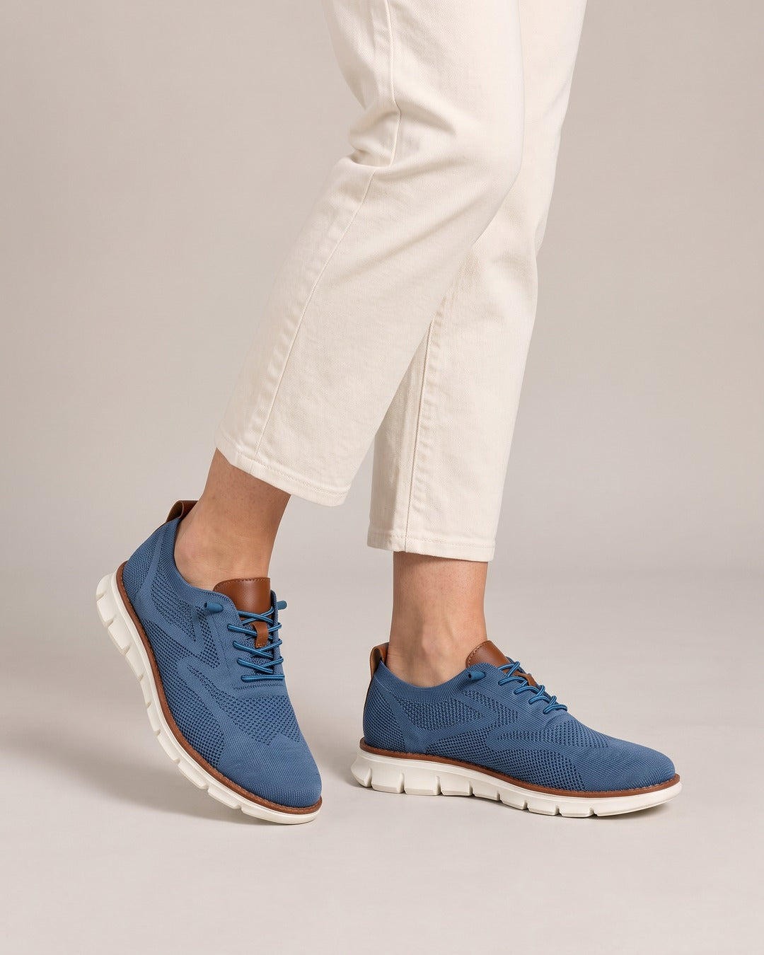 Cushioned Knit Walking Shoe in Blue, worn