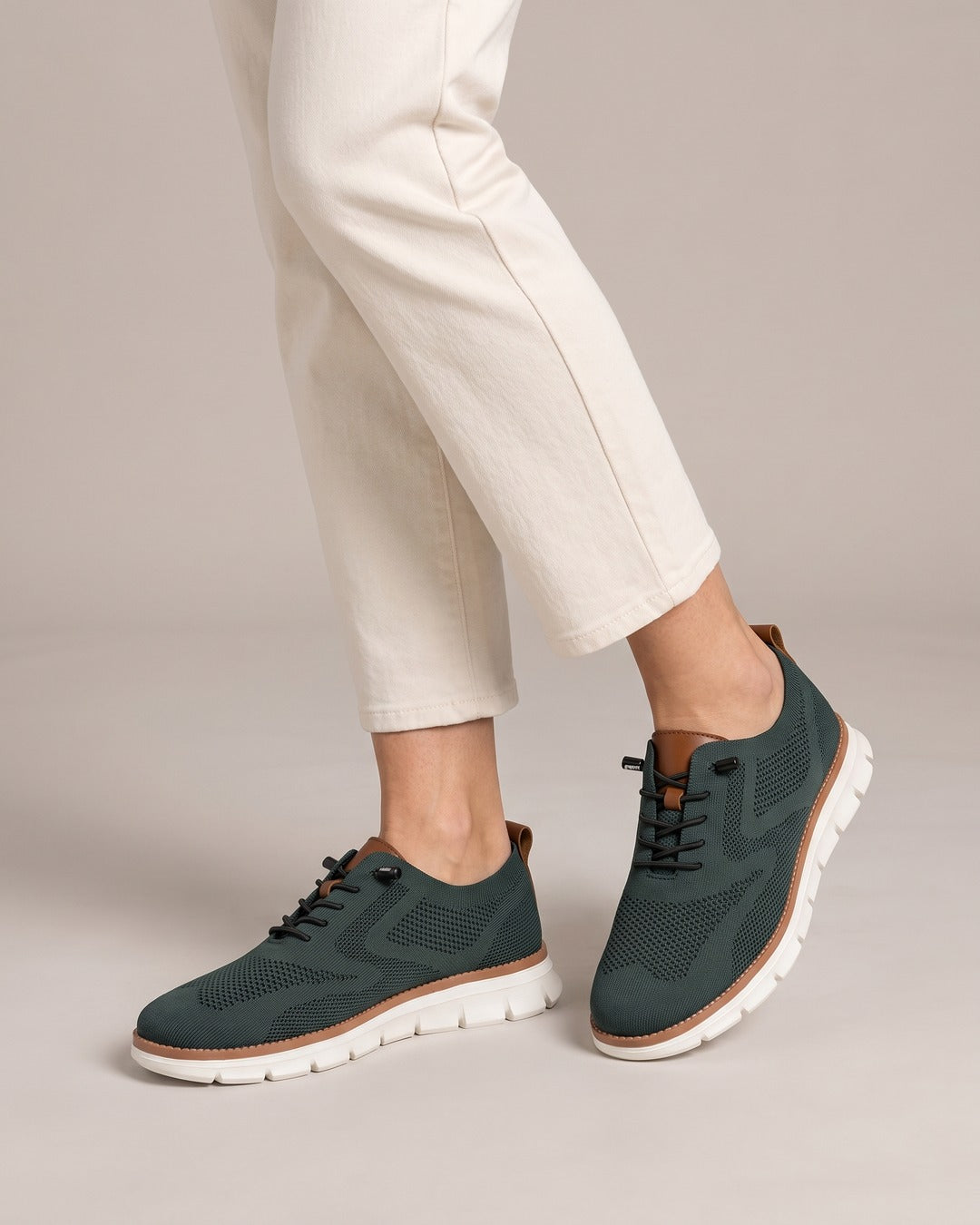 Cushioned Knit Walking Shoe in Forest Green, worn