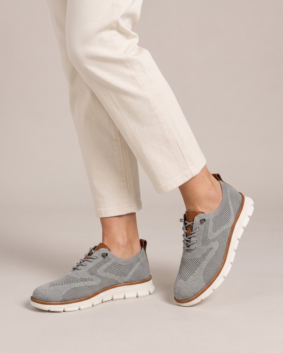 Cushioned Knit Walking Shoe in Grey, worn