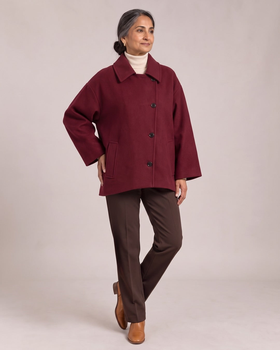 Oversized Single-Breasted Jacket worn by a model, Burgundy
