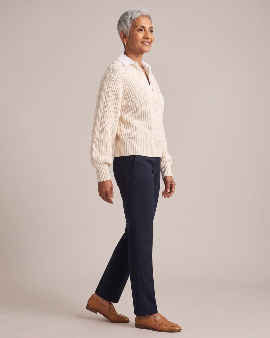 Collared Cable-Knit Jumper worn by a model, side view