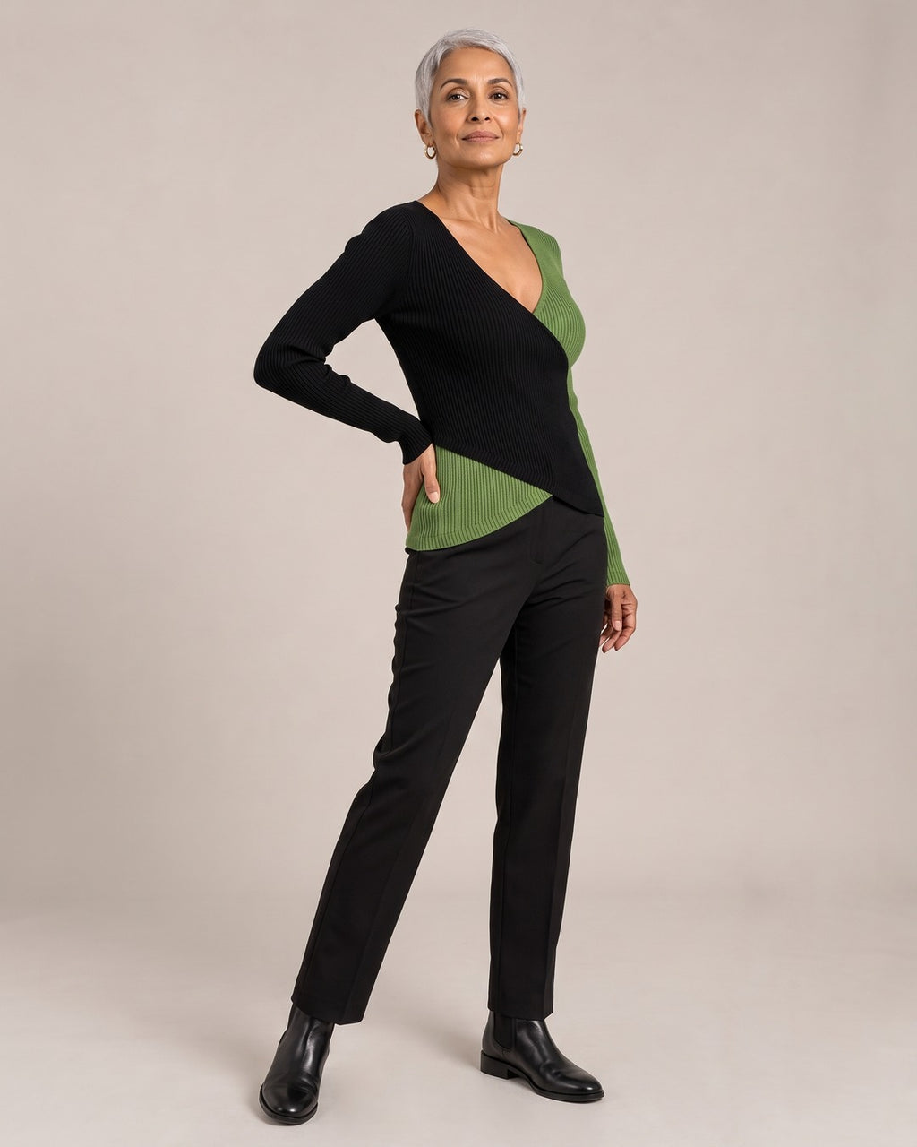 Colour-Block Wrap V-Neck Knit Top worn by a model