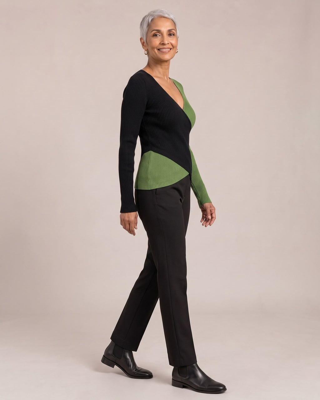 Colour-Block Wrap V-Neck Knit Top worn by a model, side view