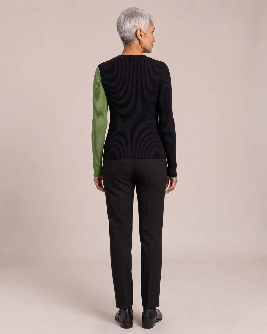 Colour-Block Wrap V-Neck Knit Top worn by a model, back view