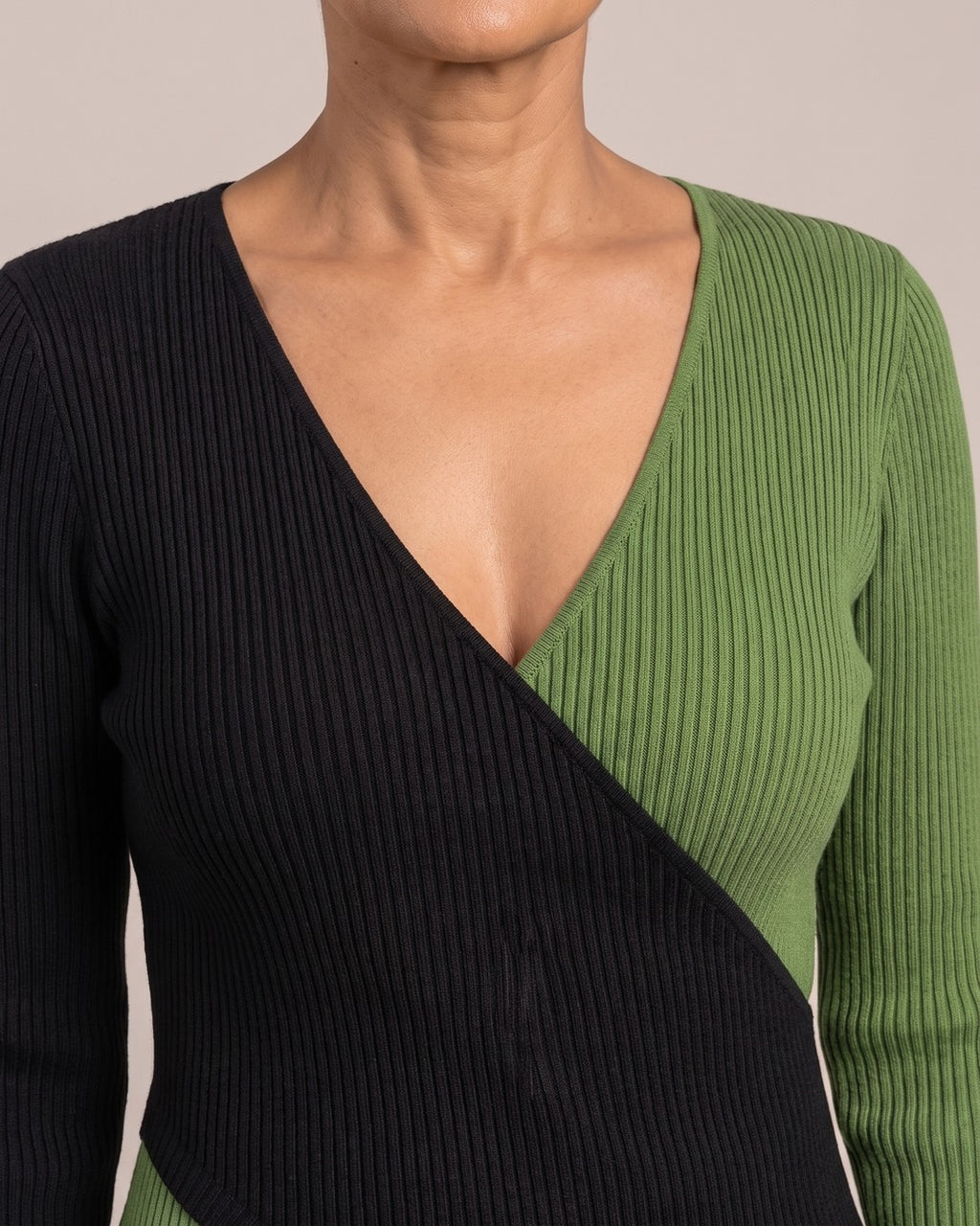 Colour-Block Wrap V-Neck Knit Top close-up detail