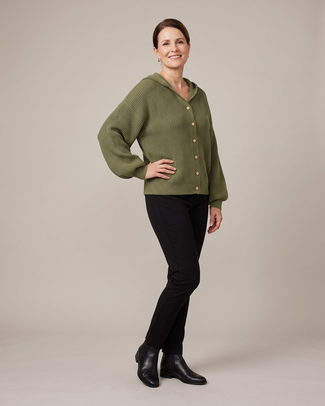 Hooded Button Cardigan worn by a model