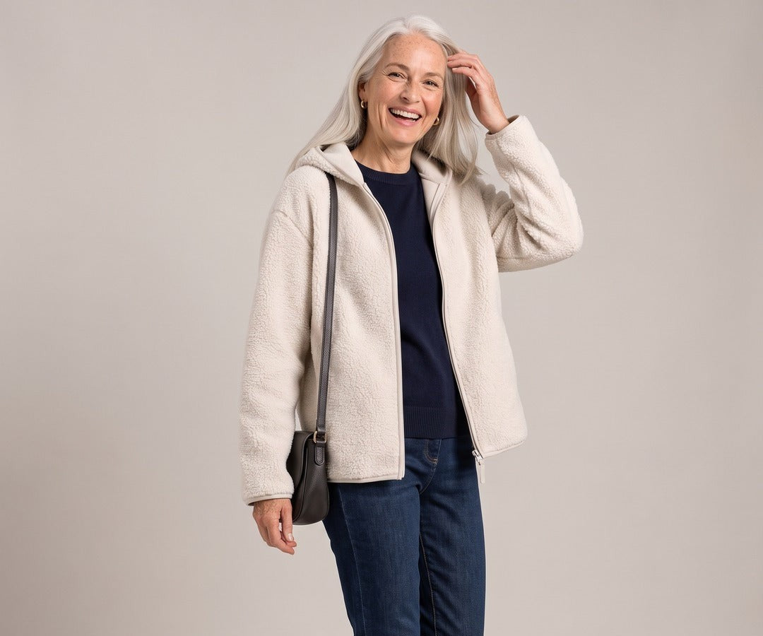 Woman in the Bonnie hooded teddy jacket