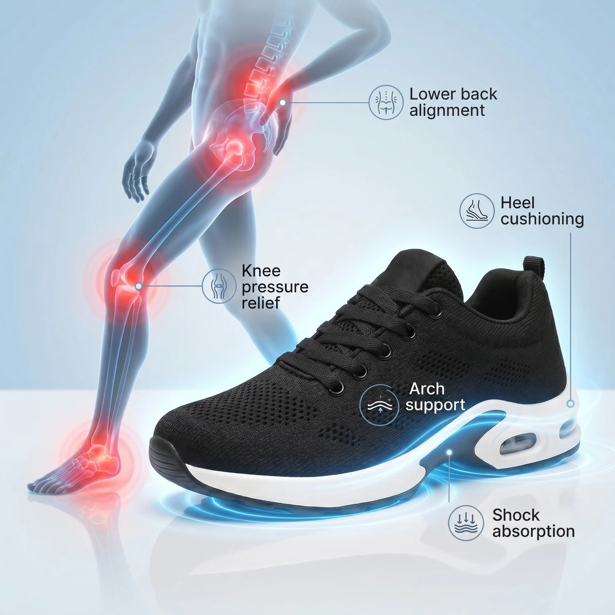 Diagram of Orthoshift orthopaedic shoes – knee cushioning and lower back support, pain relief shoes for foot, heel and back pain on long shifts