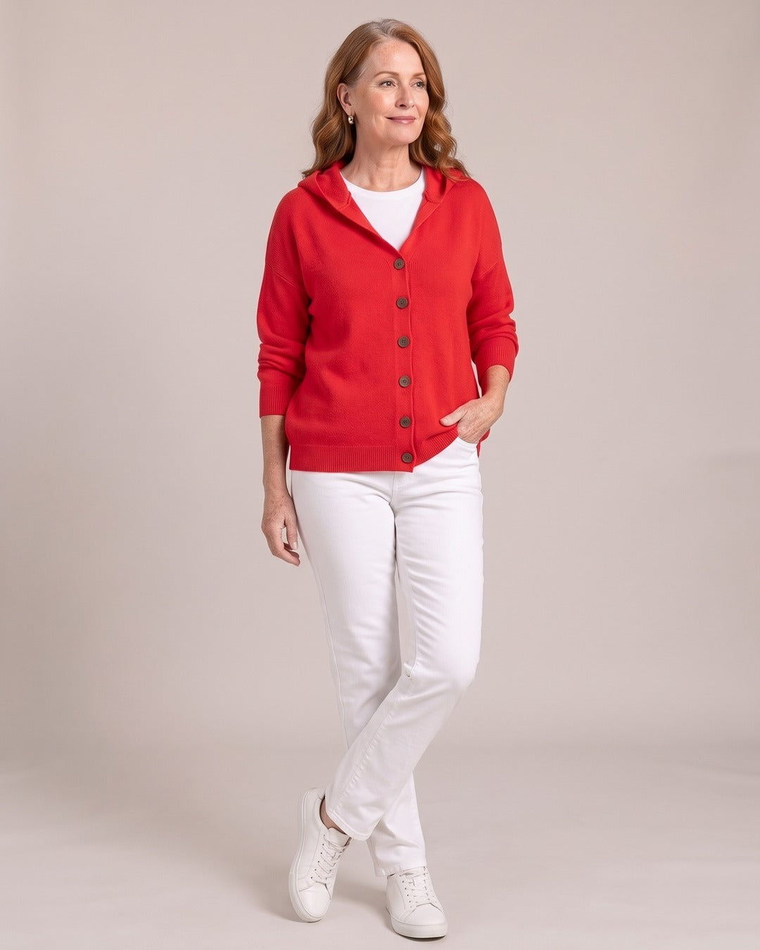 Hooded Button-Up Cardigan worn by a model, Red