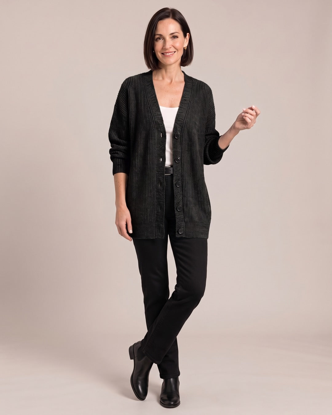 Oversized Button Cardigan worn by a model, Black