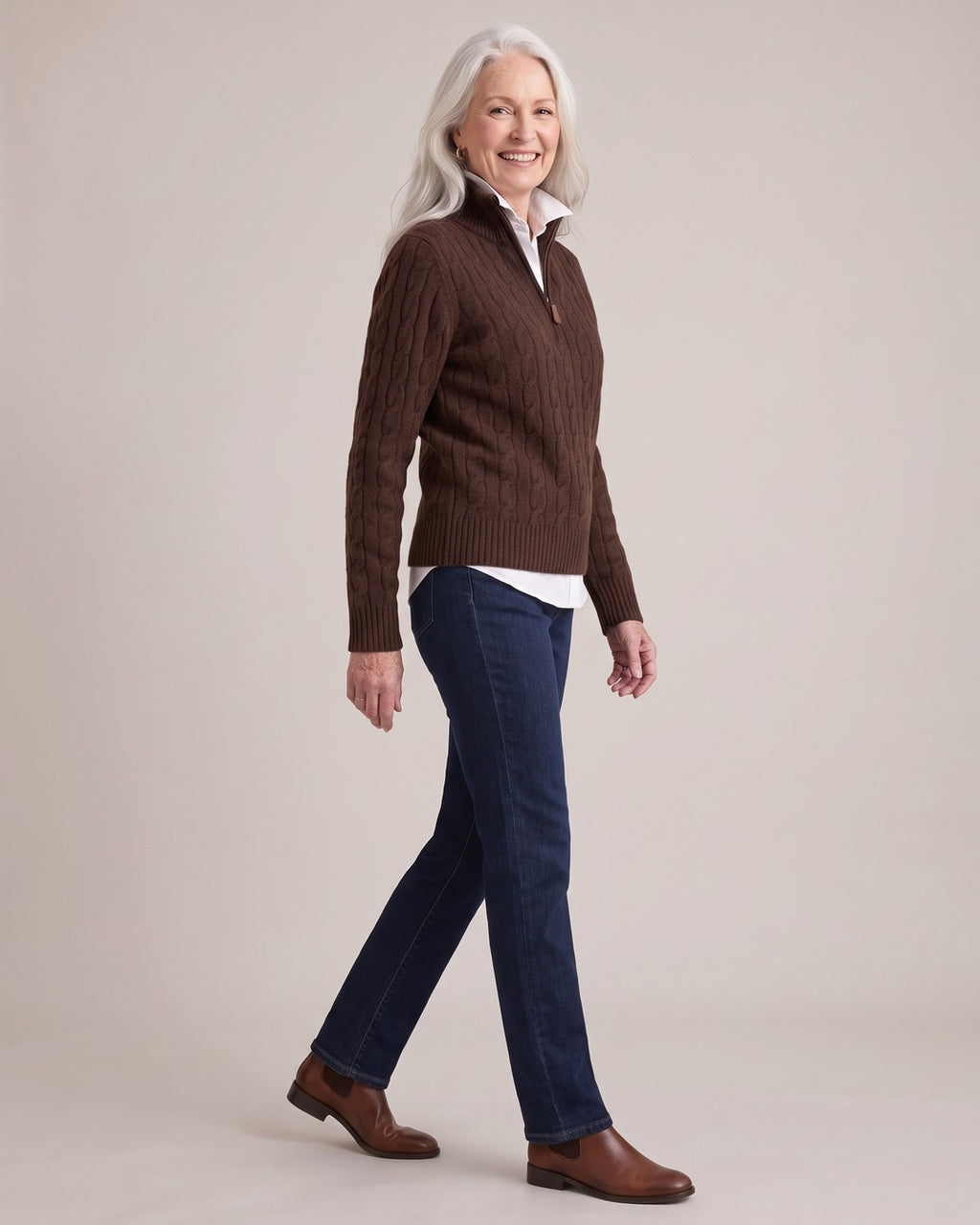 Cable-Knit Half-Zip Jumper worn by a model, side view