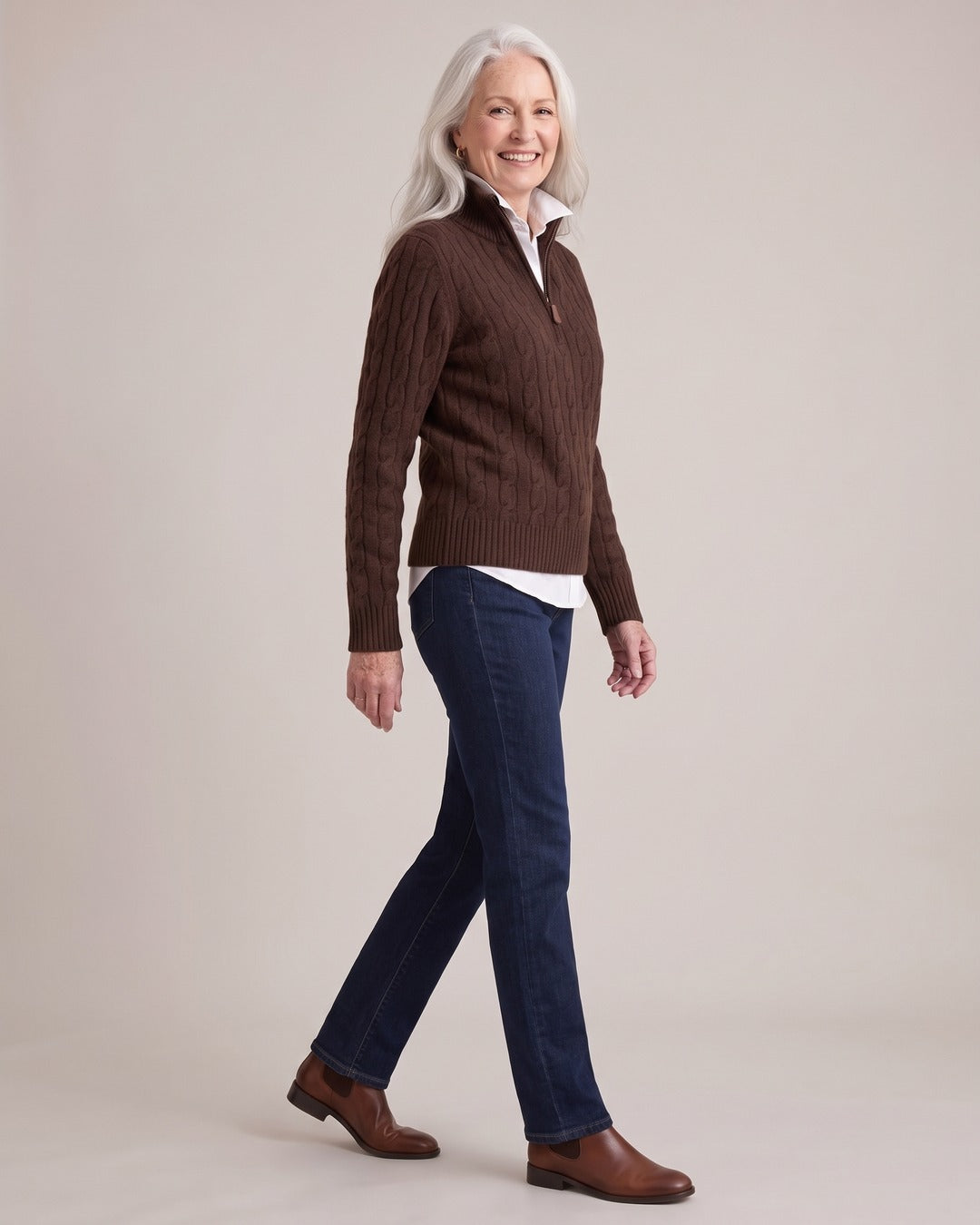 Cable-Knit Half-Zip Jumper worn by a model, side view