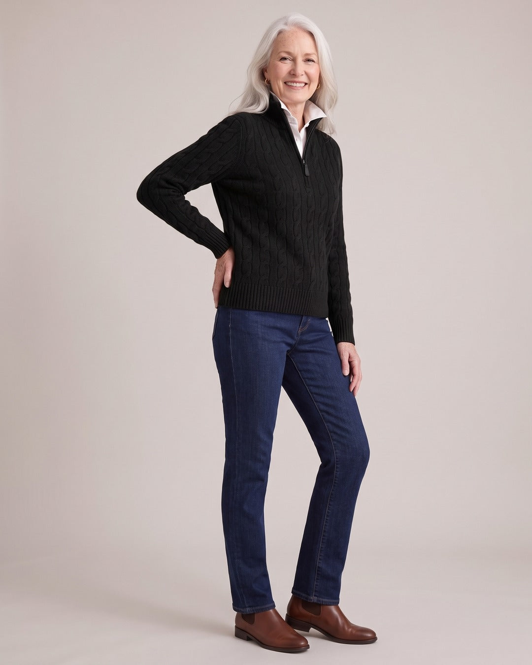 Cable-Knit Half-Zip Jumper worn by a model, Black