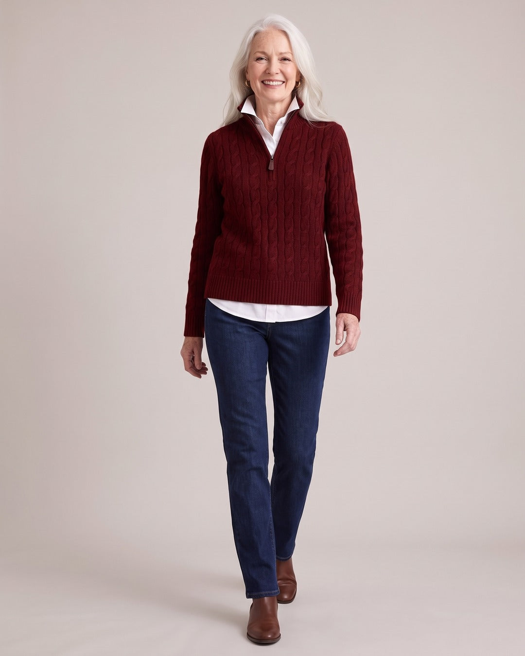 Cable-Knit Half-Zip Jumper worn by a model, Red