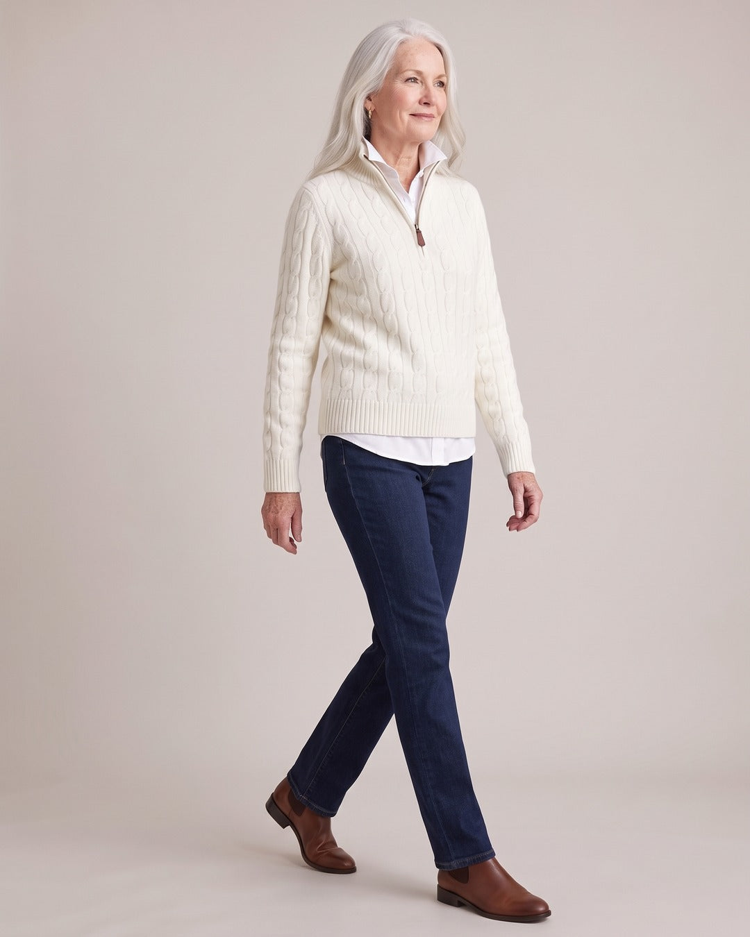 Cable-Knit Half-Zip Jumper worn by a model, White