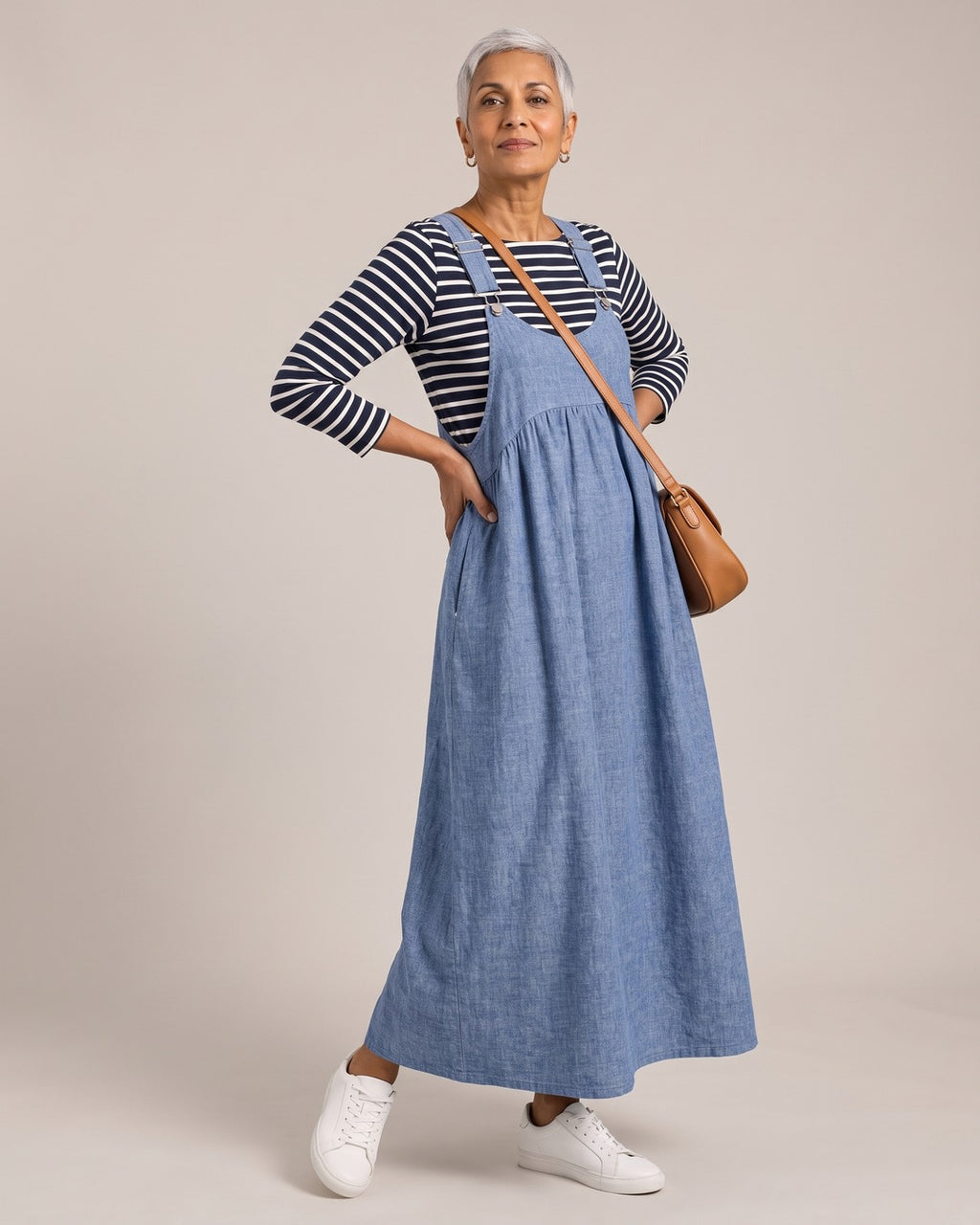 Relaxed Pinafore Maxi Dress worn by a model