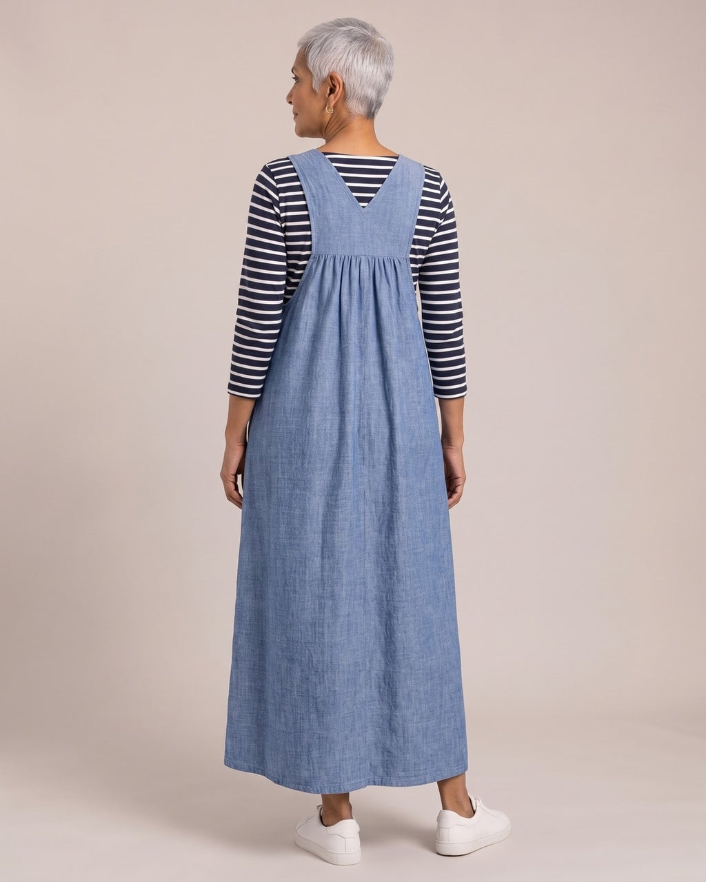 Relaxed Pinafore Maxi Dress worn by a model, back view