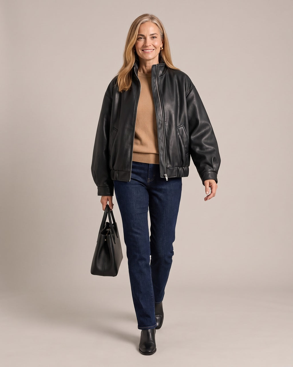Cropped Leather-Look Stand-Collar Jacket worn by a model