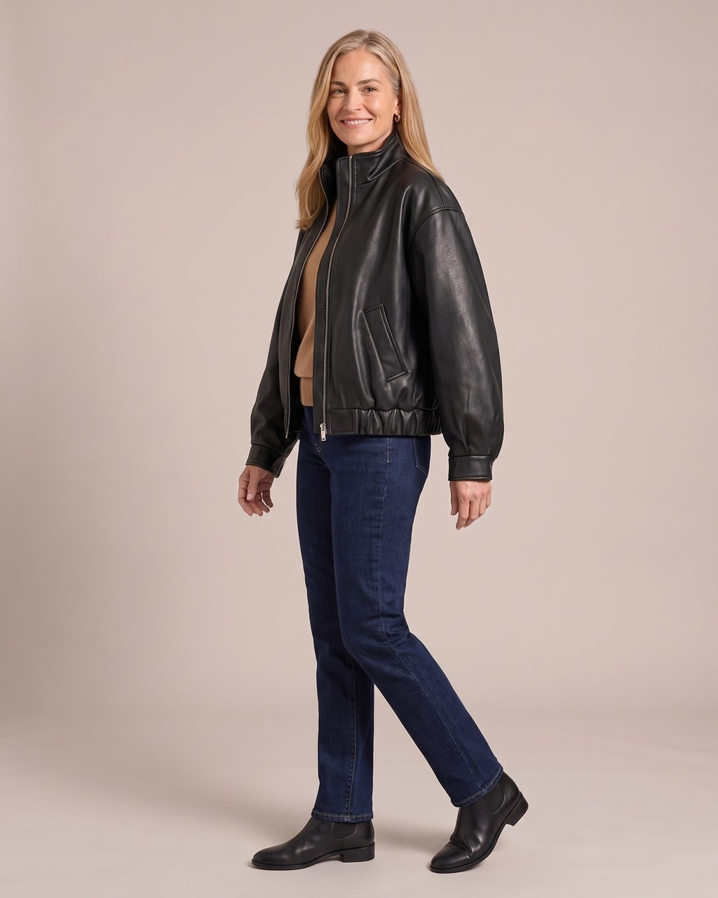 Cropped Leather-Look Stand-Collar Jacket worn by a model, side view