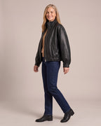 Cropped Leather-Look Stand-Collar Jacket worn by a model, side view