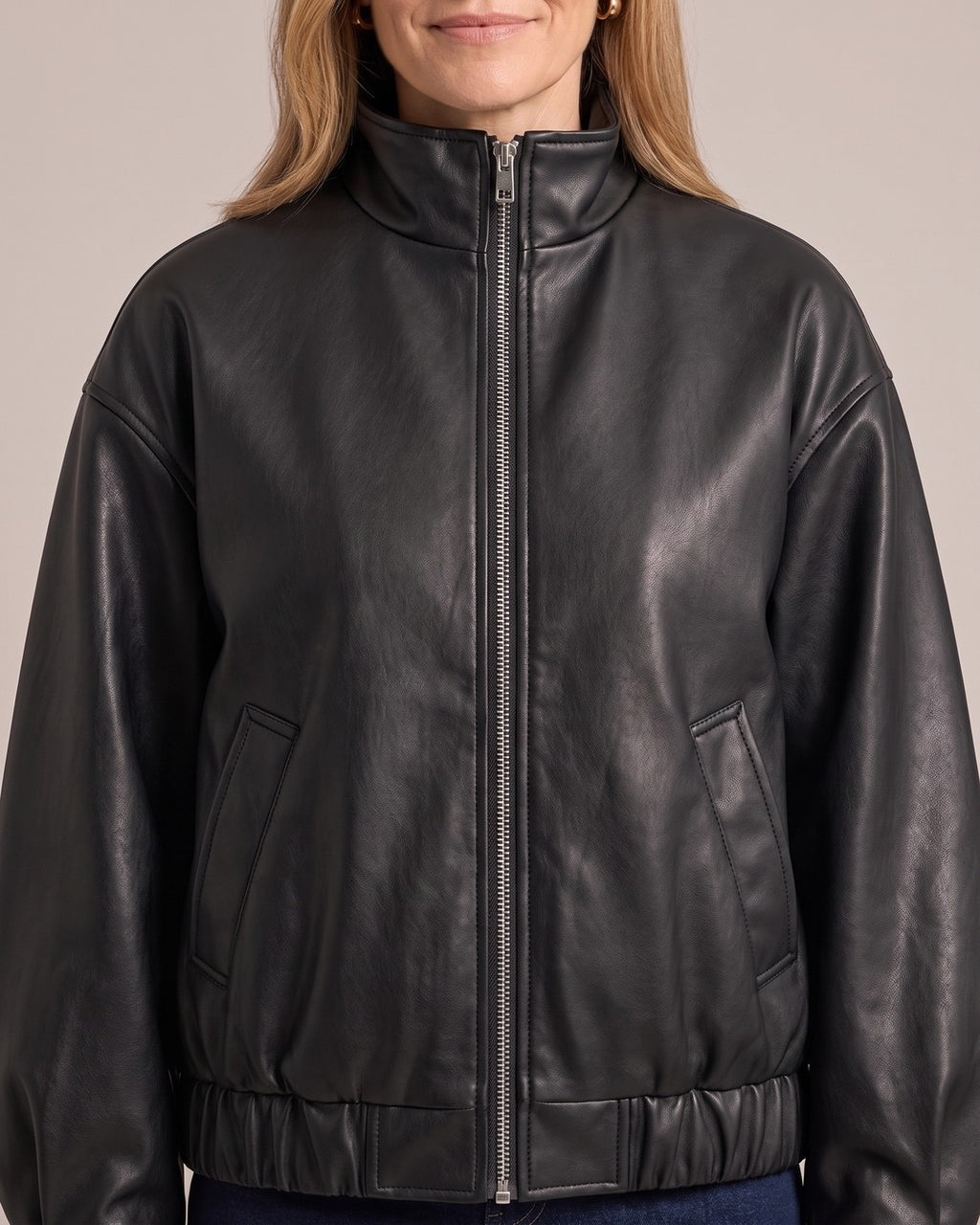 Cropped Leather-Look Stand-Collar Jacket close-up detail