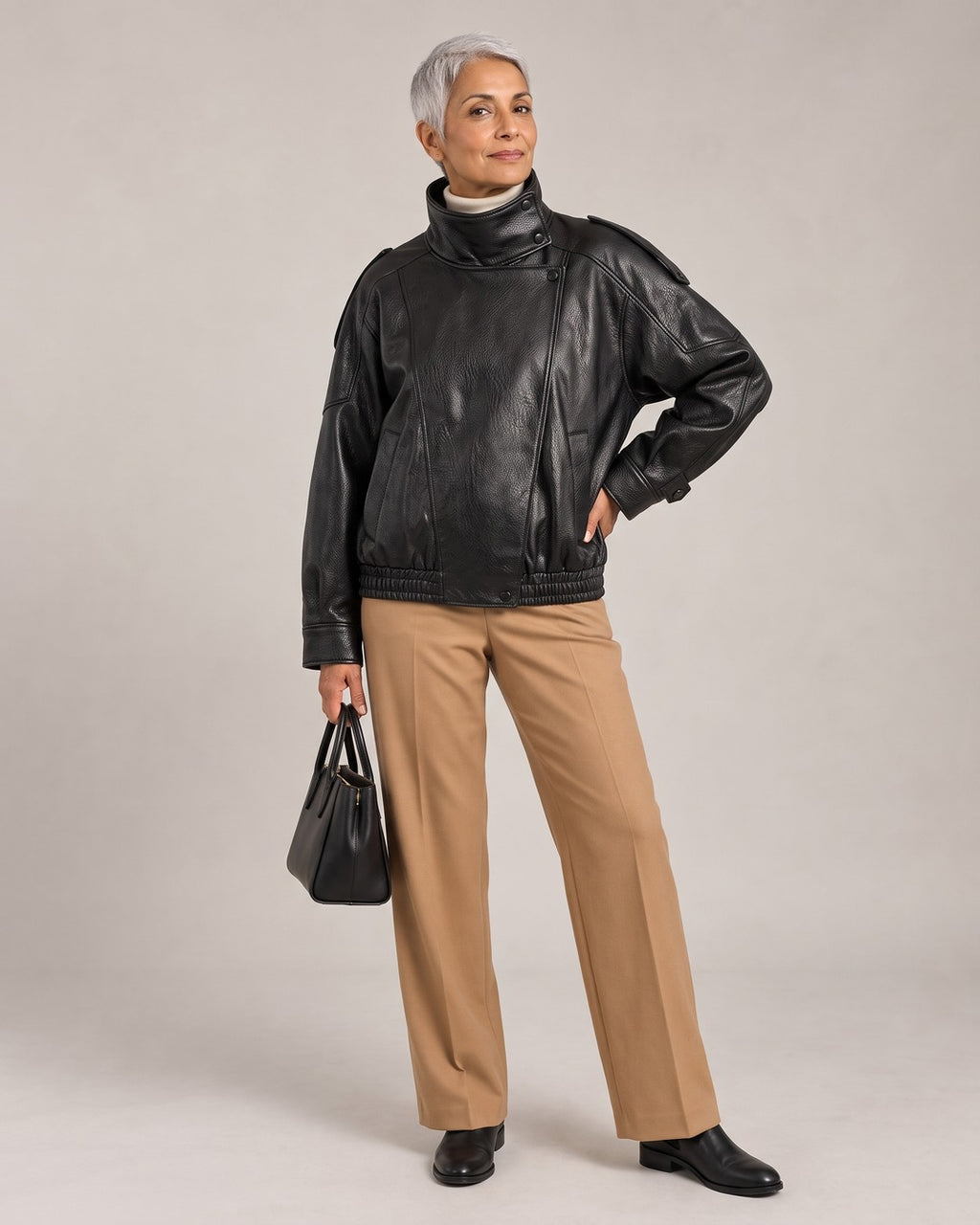 Retro Funnel-Neck Biker Jacket worn by a model