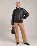 Retro Funnel-Neck Biker Jacket worn by a model