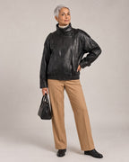 Retro Funnel-Neck Biker Jacket worn by a model