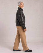 Retro Funnel-Neck Biker Jacket worn by a model, side view