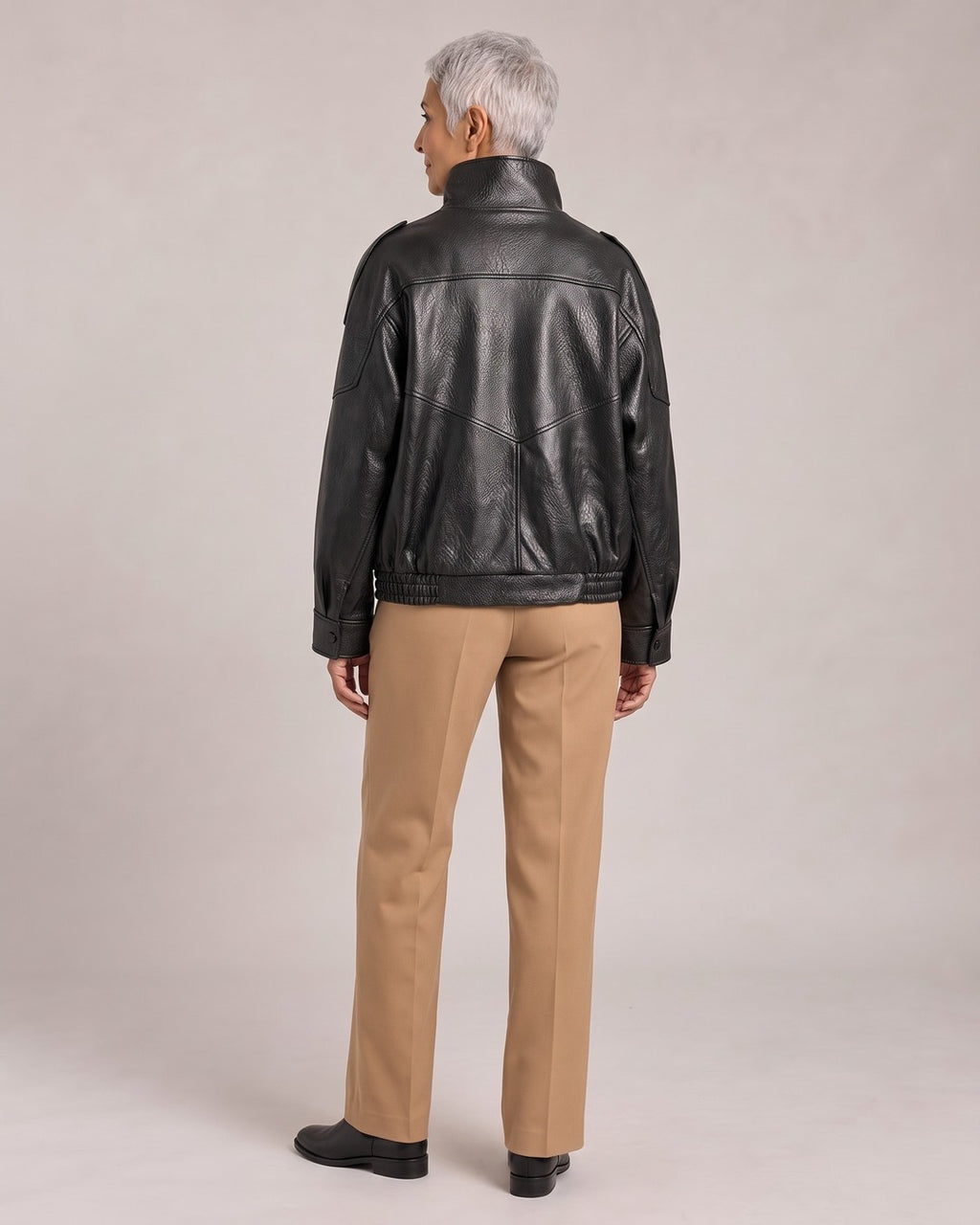 Retro Funnel-Neck Biker Jacket worn by a model, back view