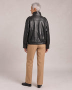 Retro Funnel-Neck Biker Jacket worn by a model, back view