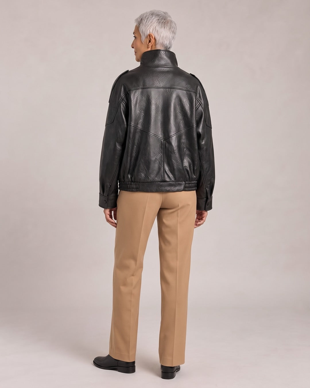 Retro Funnel-Neck Biker Jacket worn by a model, back view