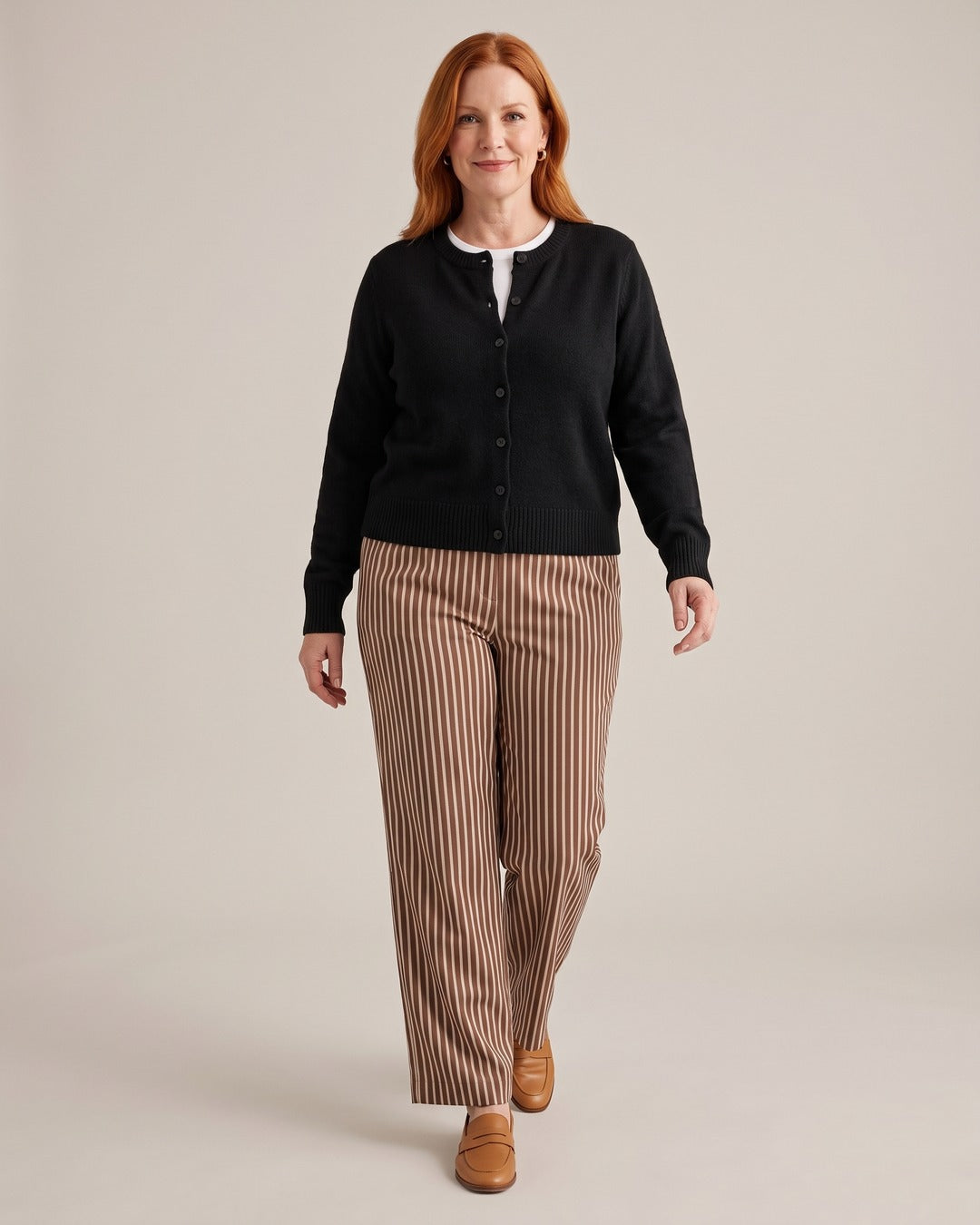 Crew-Neck Button Cardigan worn by a model