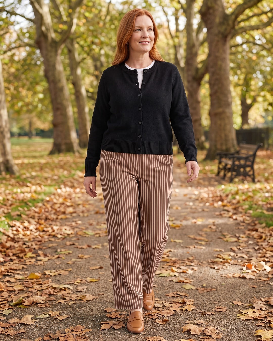 Crew-Neck Button Cardigan worn by a model, outdoors, Black