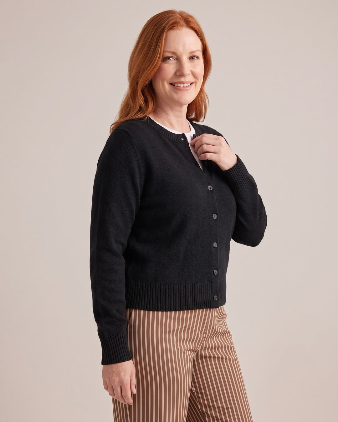 Crew-Neck Button Cardigan worn by a model, half-length, Black