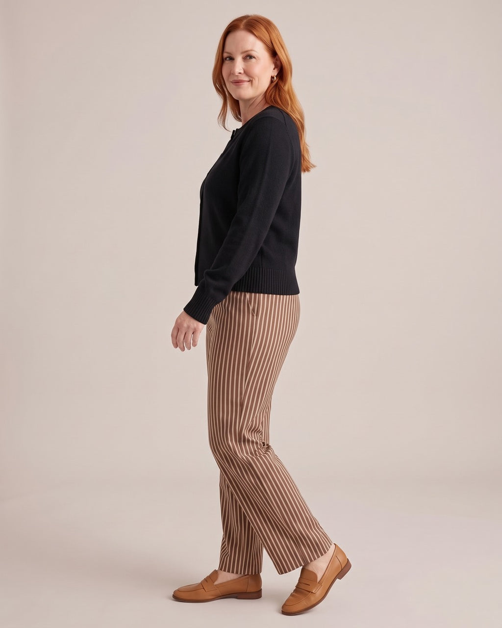 Crew-Neck Button Cardigan worn by a model, side view, Black