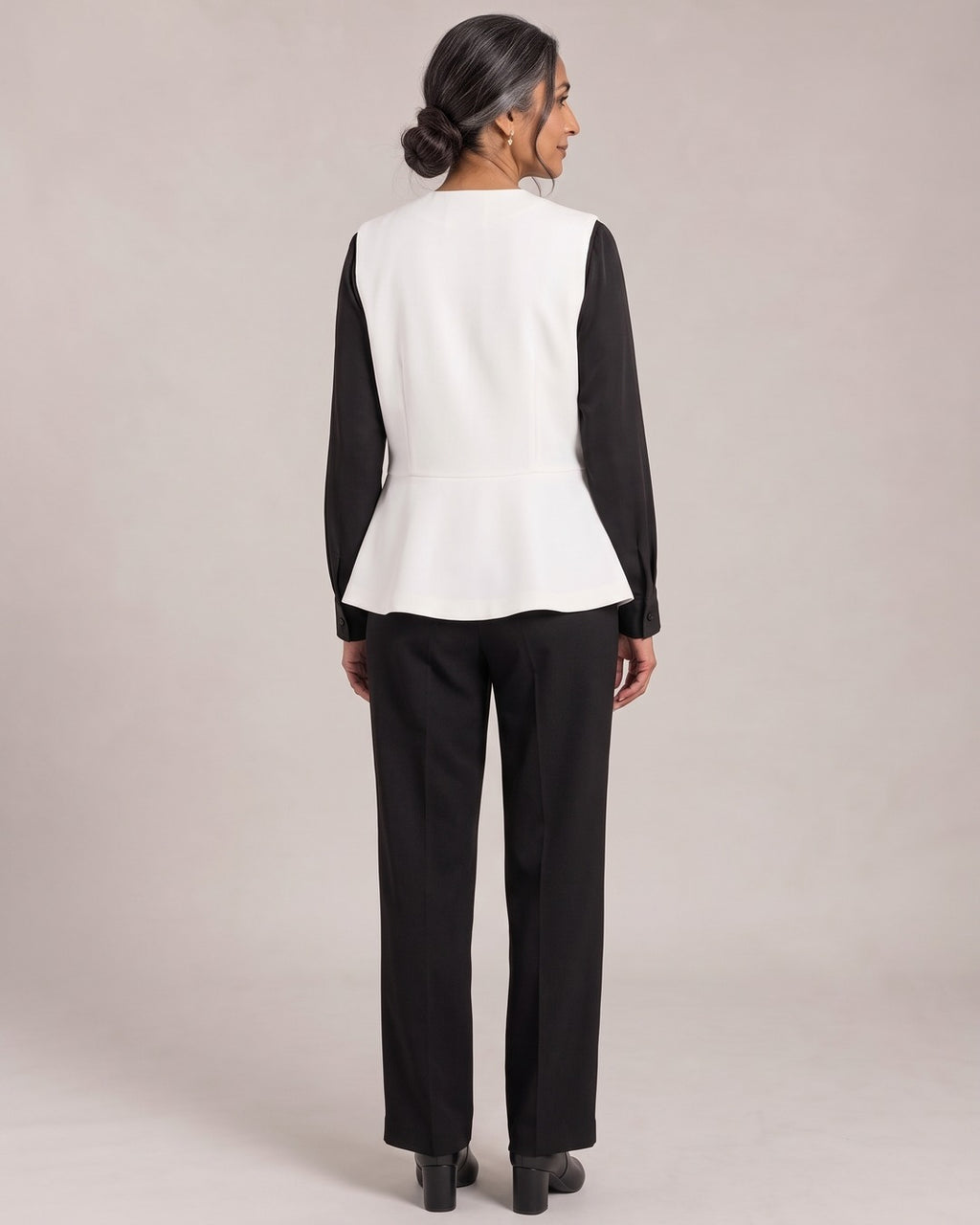 Peplum Button Waistcoat worn by a model, back view