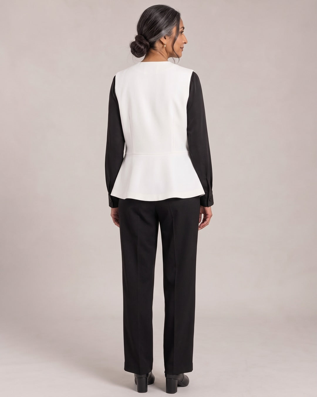 Peplum Button Waistcoat worn by a model, back view